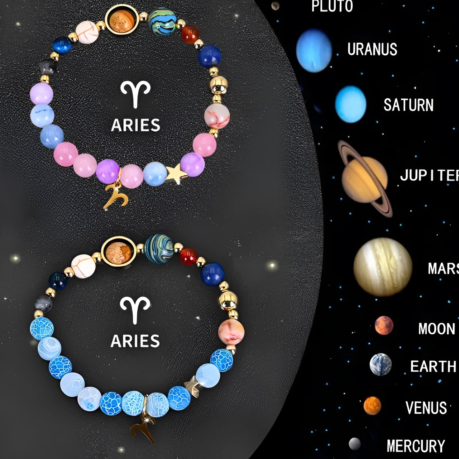 Two natural stone beaded bracelets showing zodiac sign designs on a wooden surface.