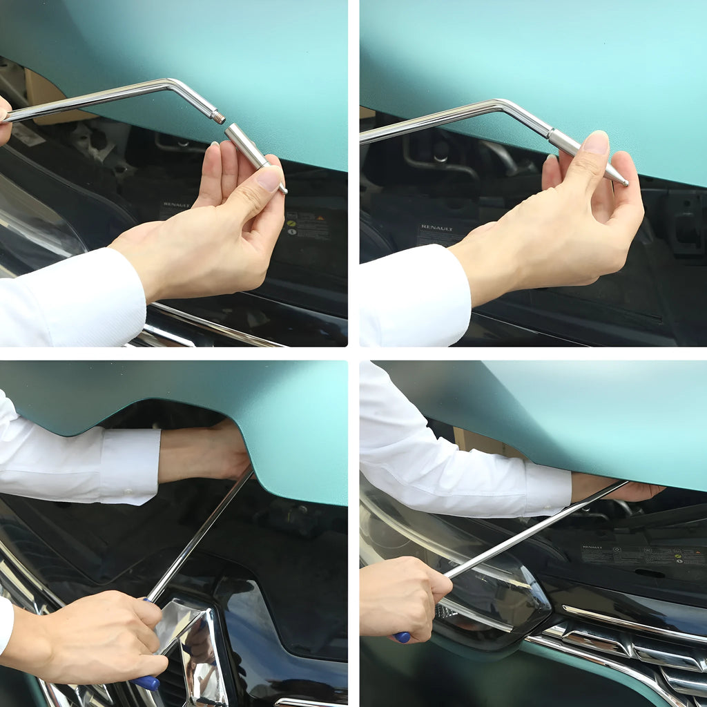 Three-piece alloy steel car dent repair tool set with crowbar and hooks on a workbench.