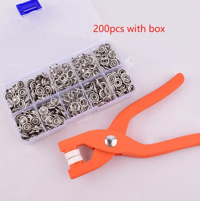 Five claw stainless steel no sew suit buttons for children's clothing, shown with plier tool.