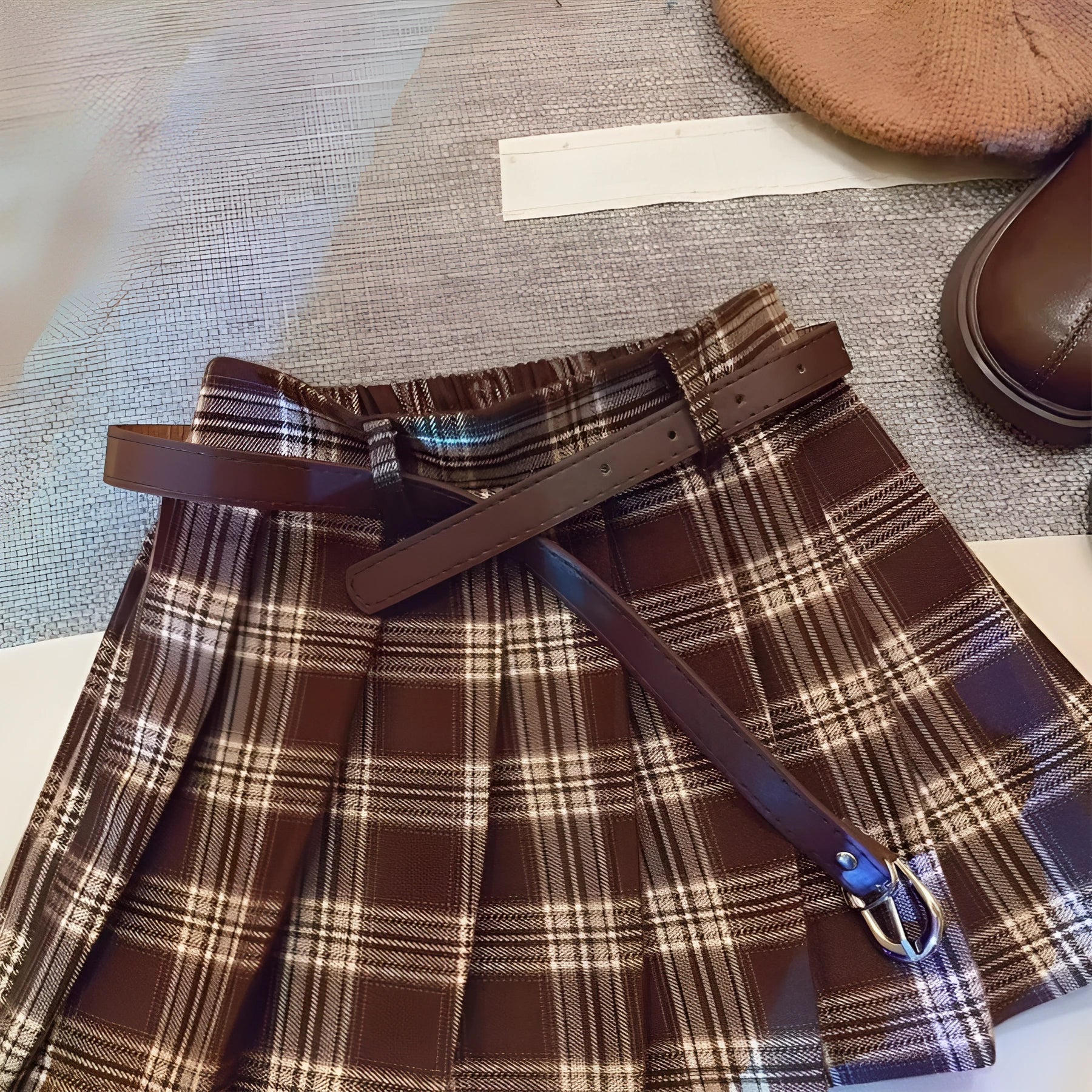 Girls' plaid pleated cotton skirt in A-line style with multiple size options