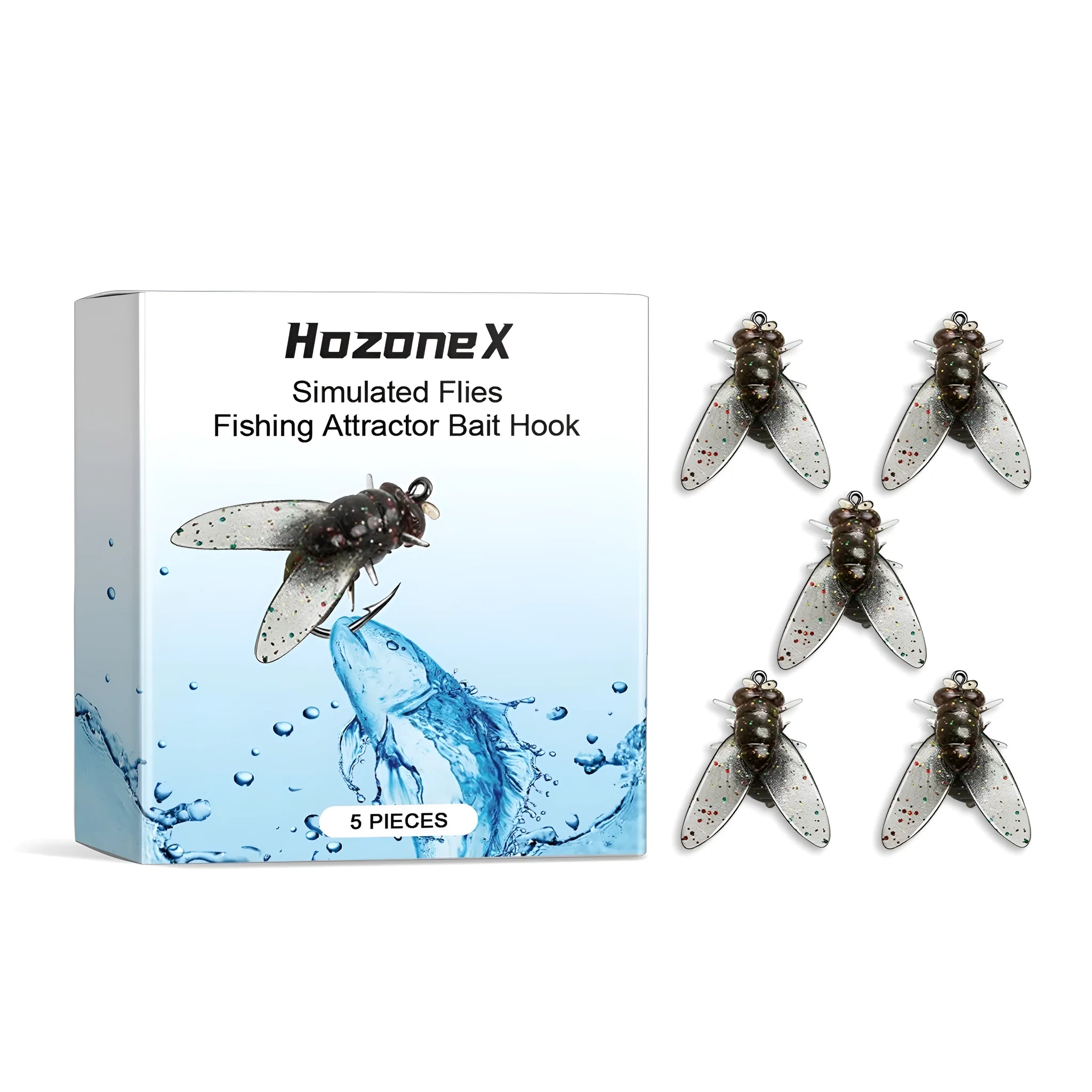 Five 1.5cm soft fishing lures shaped like insects in a box