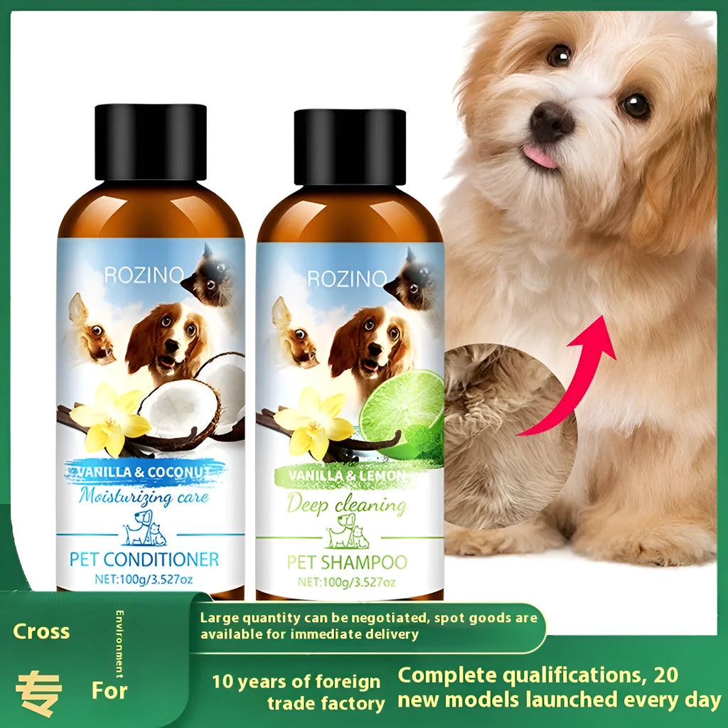 Pet wash nursing suite shampoo and conditioner set in two plastic bottles with labels