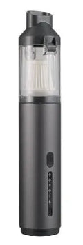 High-power rechargeable car vacuum cleaner in black with multiple nozzle brush heads and charging cable