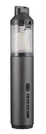 High-power rechargeable car vacuum cleaner in black with multiple nozzle brush heads and charging cable