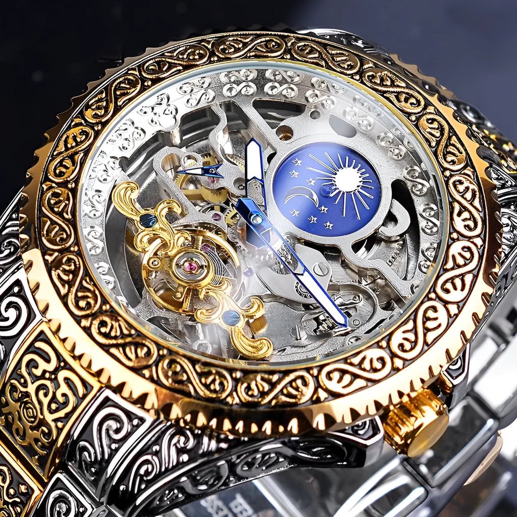 Forsining yellow stainless steel skeleton tourbillon mechanical watch with automatic movement