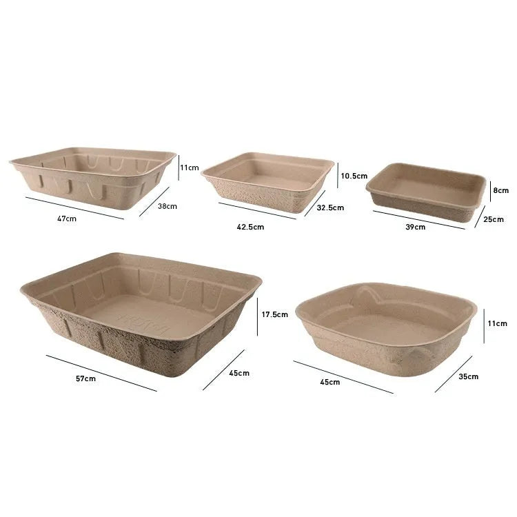 Brown biodegradable disposable cat litter box showing three available size options