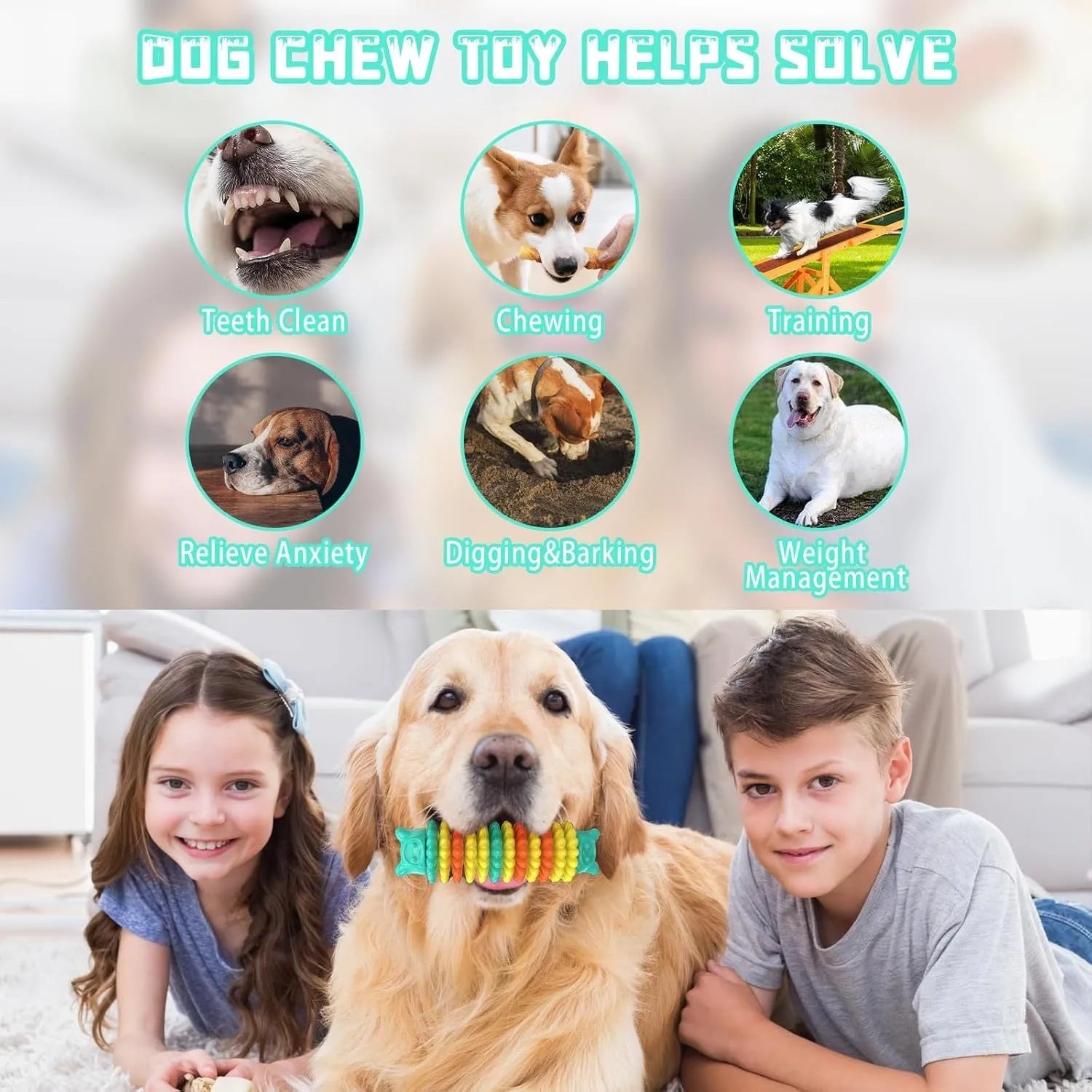 Blue natural rubber caterpillar-shaped chew toy for dogs on a wooden floor.