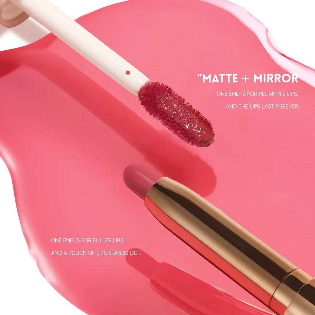Double-headed lipstick lip gloss showing two matte colour ends with ten shade options from 01 to 10