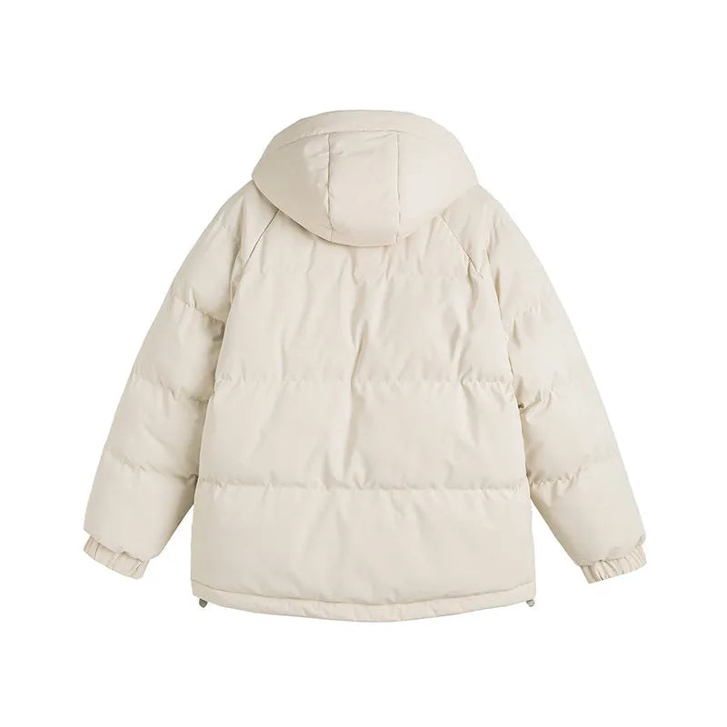 Loose beige two-piece cotton-padded cardigan jacket for men and women with side pockets.