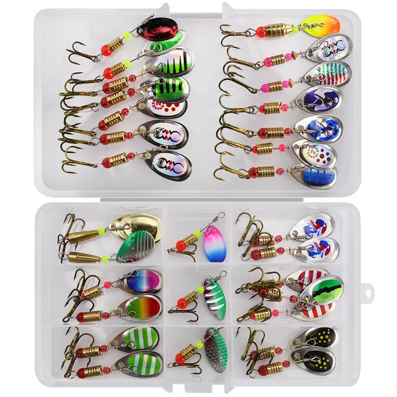 Fishing gear accessories set with metal tossing type lure and rotating sequined suit in two colour options