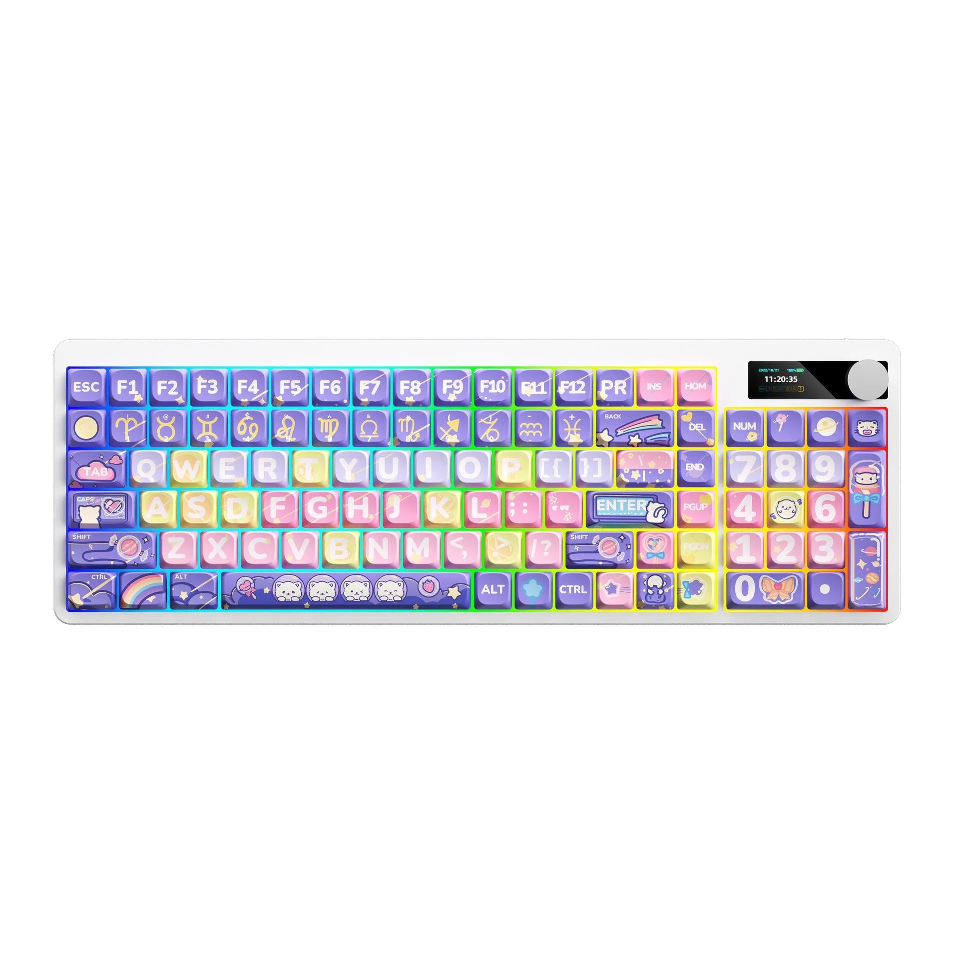 Black mechanical keyboard with RGB backlight showing candy planet red axis colour option