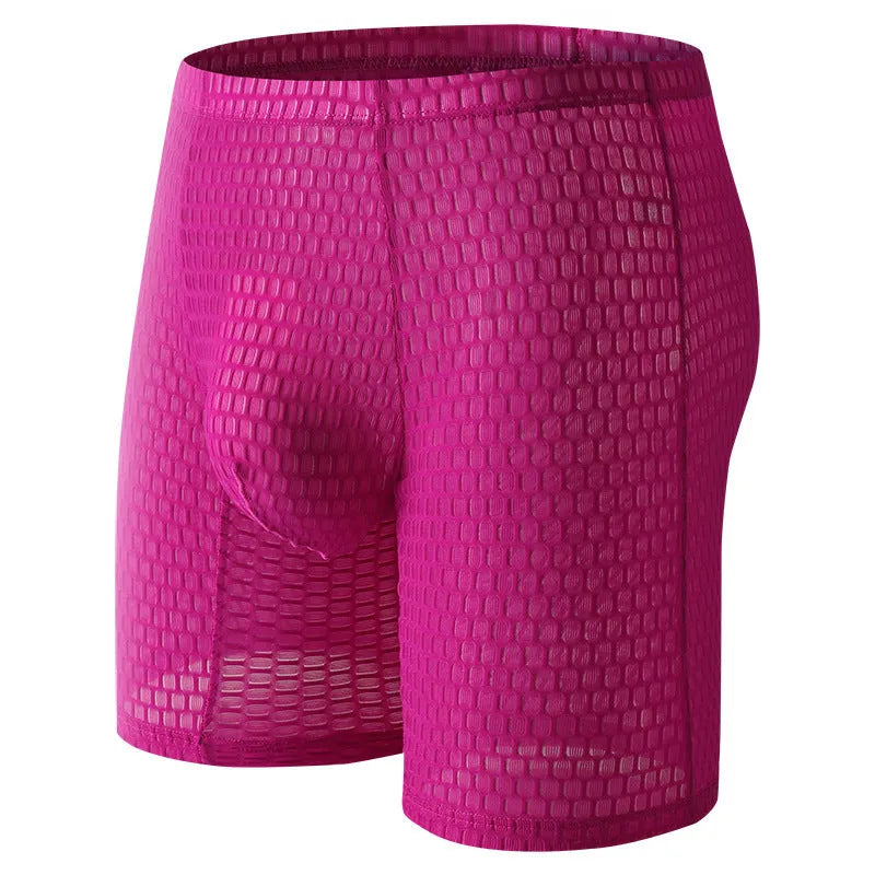 Men's white lace boxer shorts with lengthened hip lifting shaping design on a neutral background