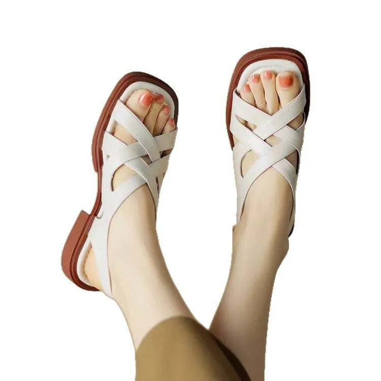 Women's patent leather square toe beach sandals in three colours with low heel design