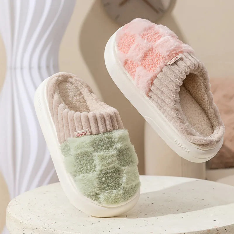 Women's plush indoor slippers in grey with coral velvet upper and flat PVC sole.