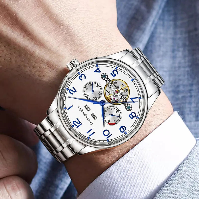 Men's stainless steel business watch with skeleton mechanical movement and black leather strap