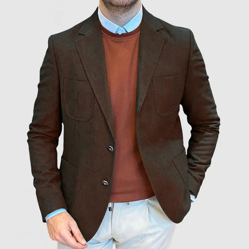 Men's loose-fit cotton suit jacket in a retro style shown in army green colour.