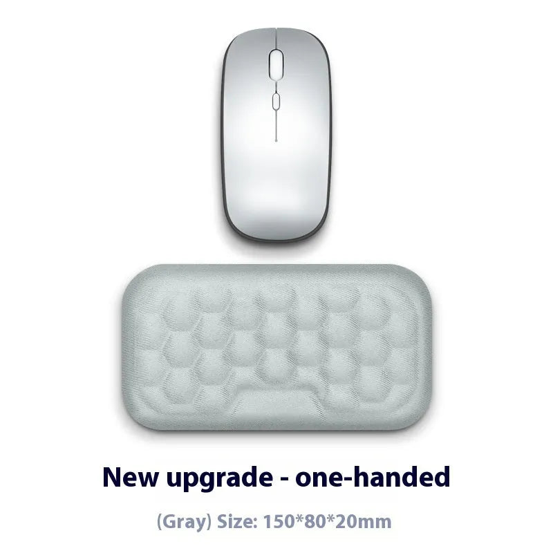 Grey and black memory foam mouse wrist pads with silicone bases, shown in cloth and leather cover options.