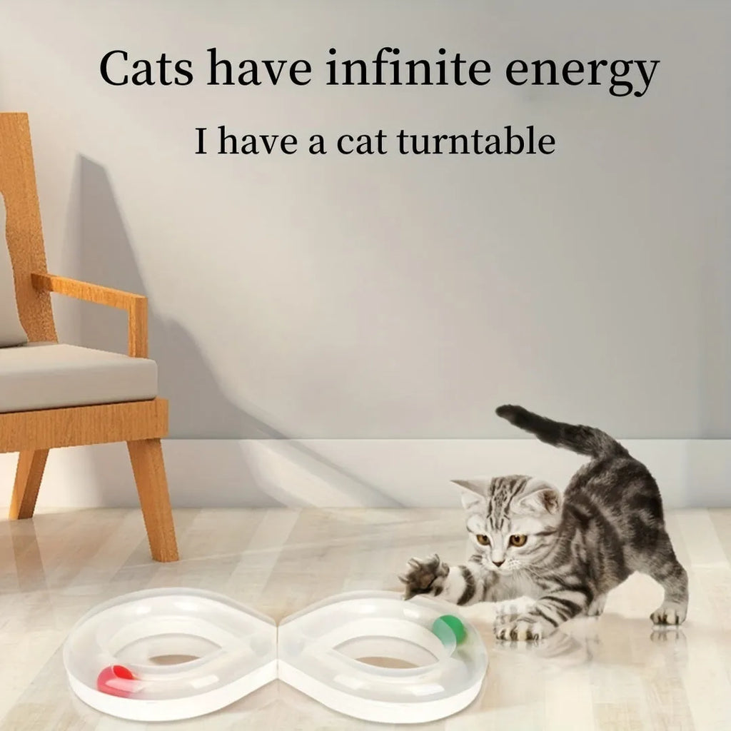 Blue and white cat turntable track toy with teasing stick for interactive play
