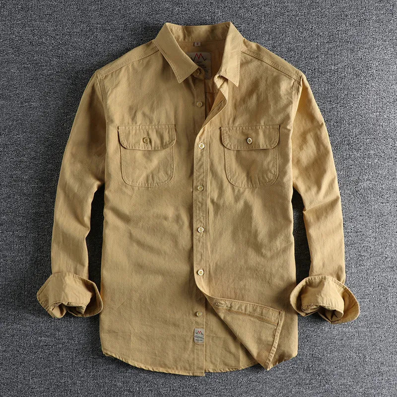 Men's cotton long sleeve shirt in cardigan style, solid colour white or light blue option