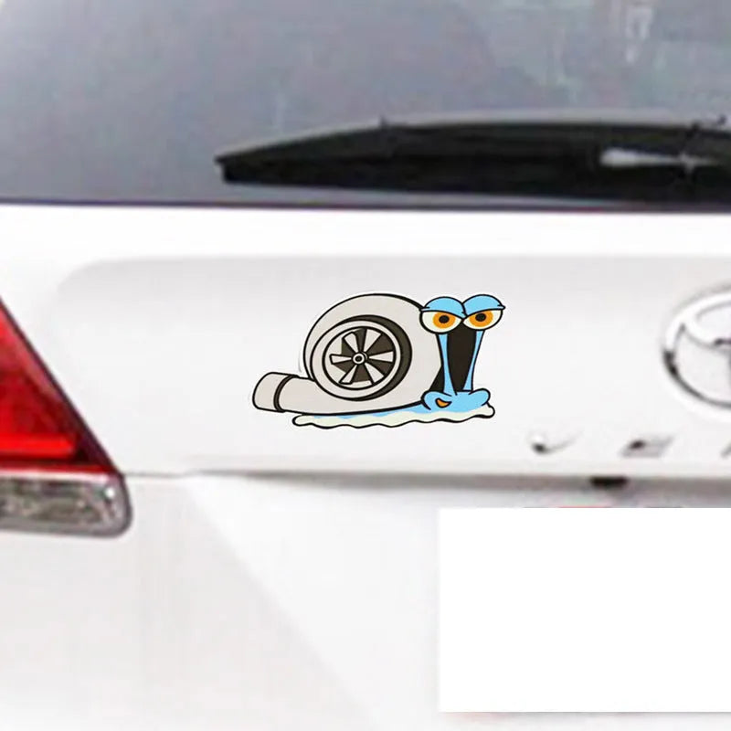White cartoon snail reflective car sticker measuring 12 by 8 centimetres