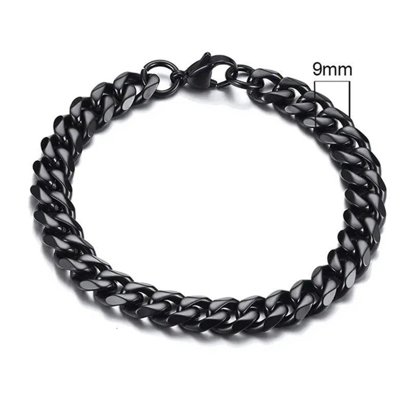 Gold six-sided Cuban link metal bracelet shown in various widths and colour options.