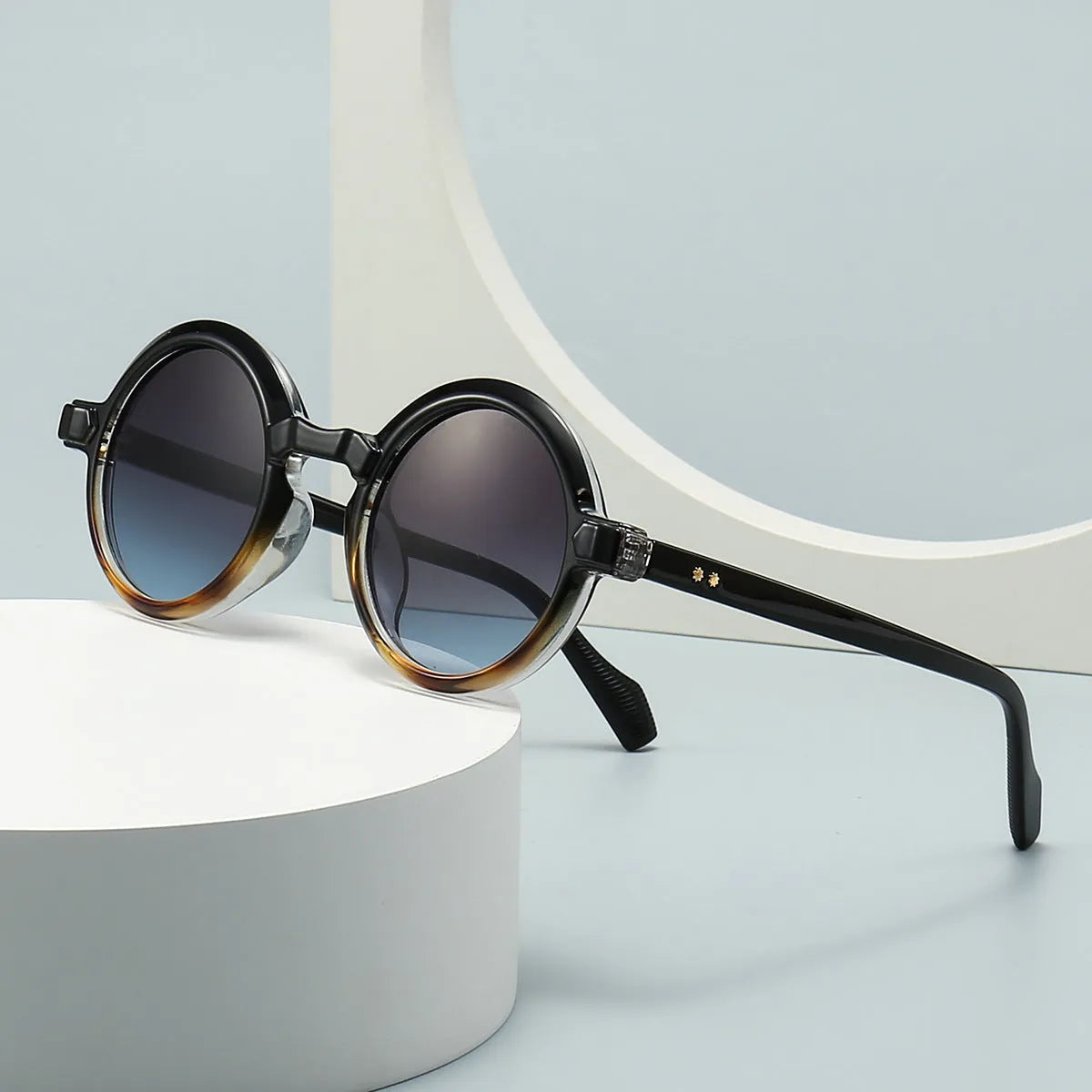 European American retro artistic round sunglasses C2 Black Frame Double Gray plastic full frame UV400 protection