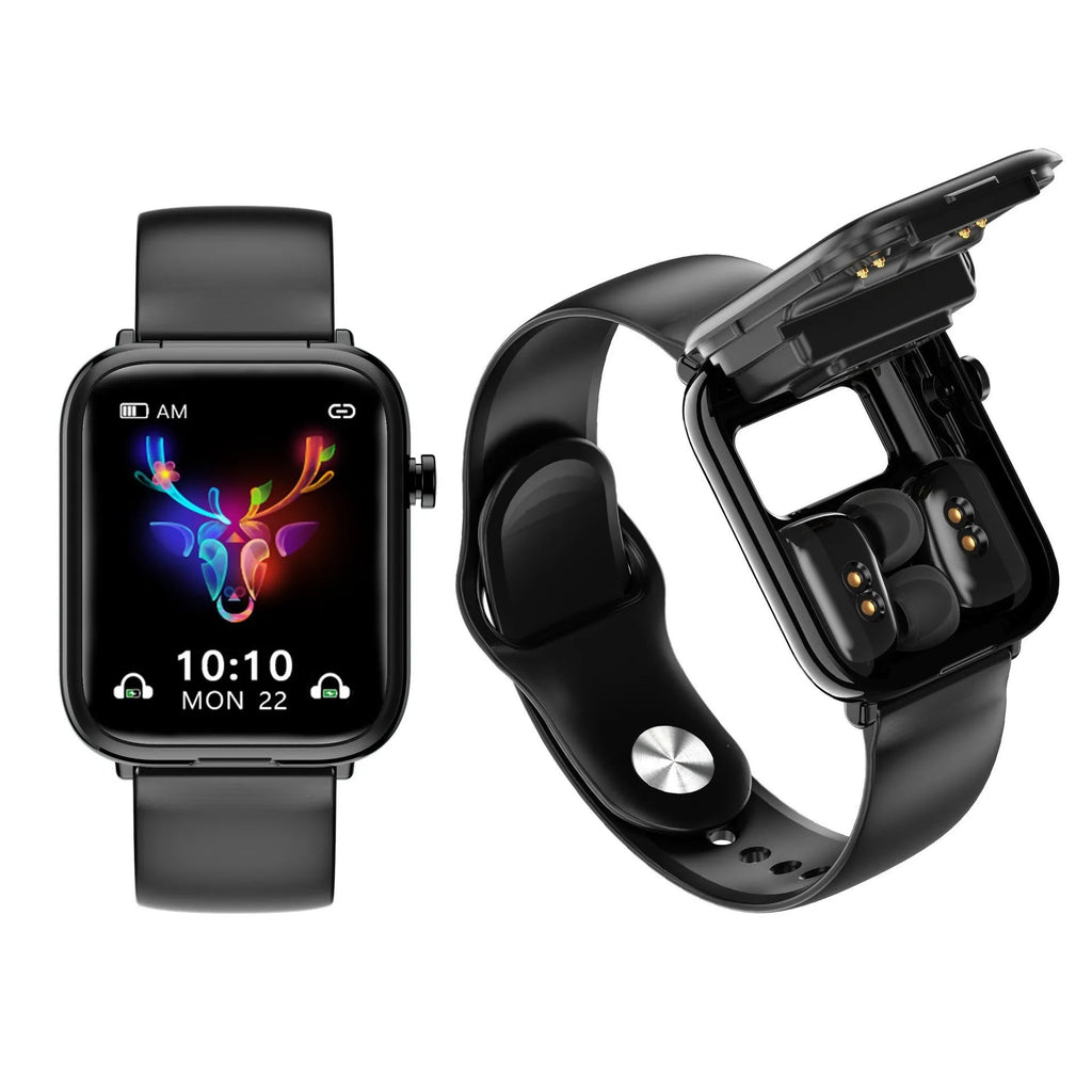 Black zinc alloy smartwatch with 1.69-inch touch screen showing heart rate data, next to its magnetic charging case.