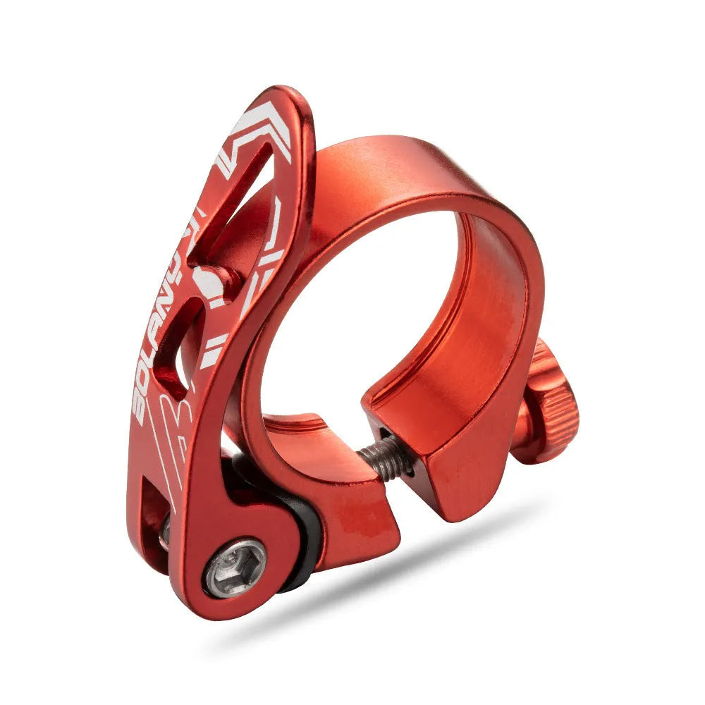 Aluminium alloy bicycle seat post clamp in black, red, gold, or blue colour for 31.8mm and 34.9mm seat tubes.