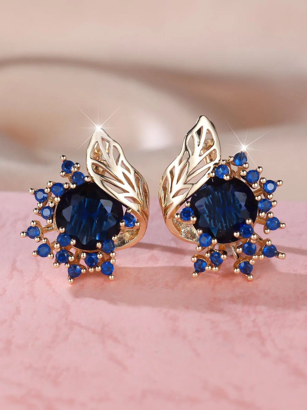 Round floral feather zircon earrings in rose gold with coloured diamond options