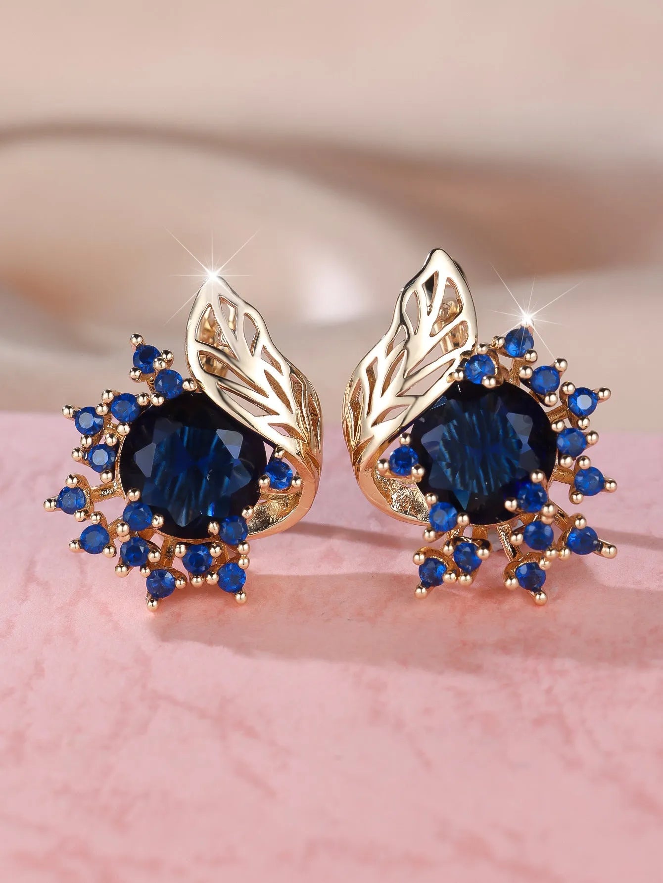 Round floral feather zircon earrings in rose gold with coloured diamond options