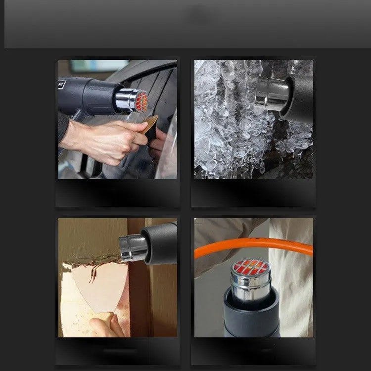 Black industrial 2000W hot air gun with grid air outlet and two-gear switch for temperature control.