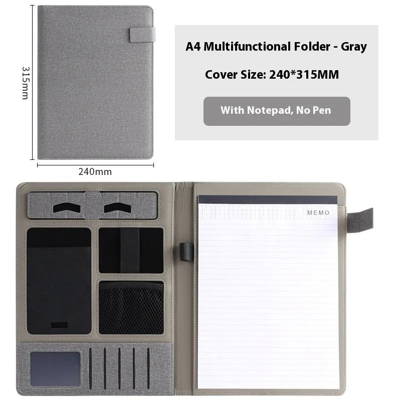 Leather A4 business folder in black, open to show interior with optional pen and notepad.