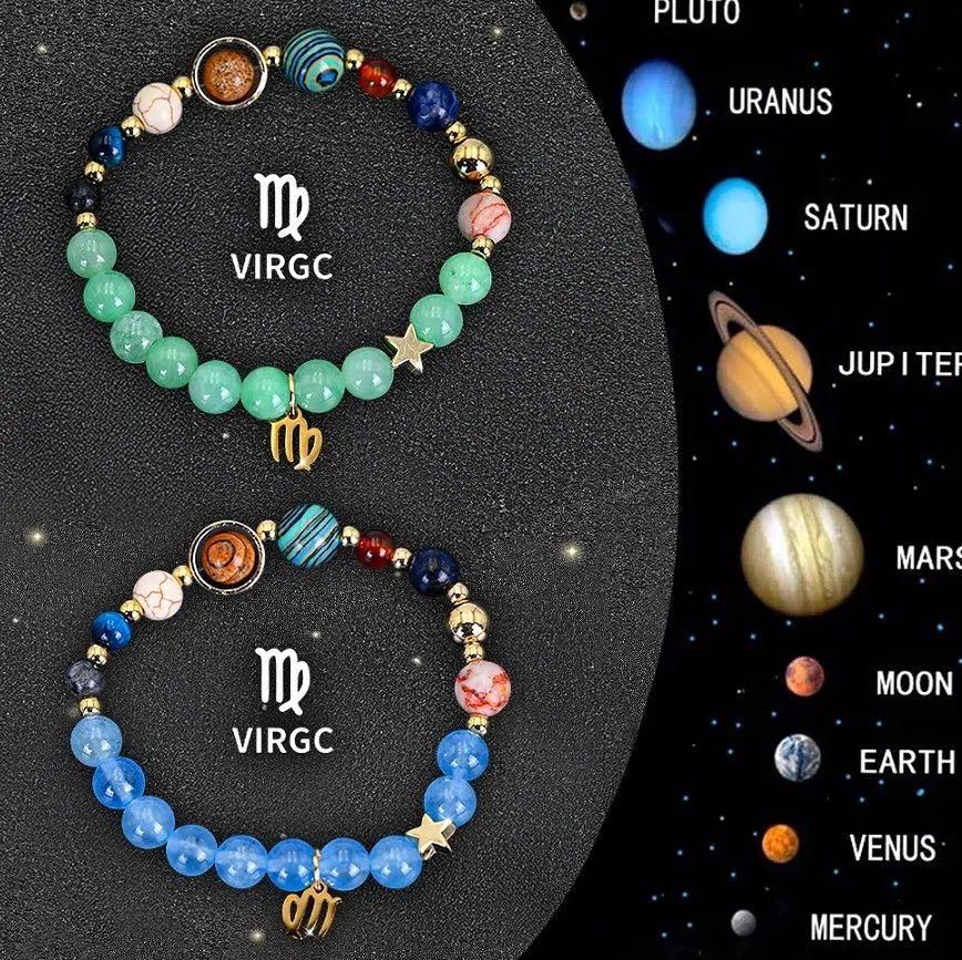 Two natural stone beaded bracelets showing different styles for the twelve Chinese zodiac signs.
