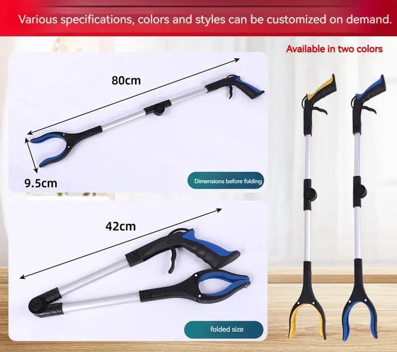 Silver folding aluminium garbage pick-up clamp with magnet and blue handle extended to 80cm.