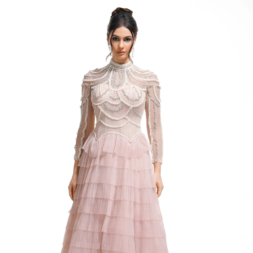 Women's black beaded long sleeve evening dress with three-dimensional decoration and mid-waist design