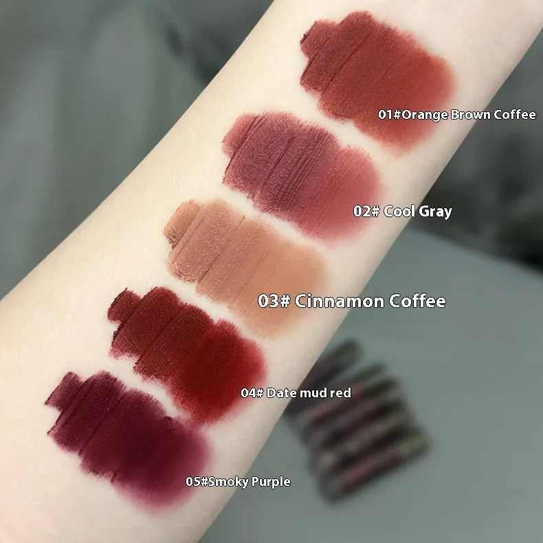 Lava Secret Matte Lip Mud Lipstick in five colour shades showing no-stain matte formula.