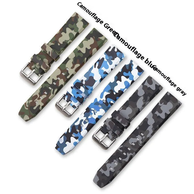 Silicone watch strap with camouflage pattern in green, blue and grey colour options showing flat head design