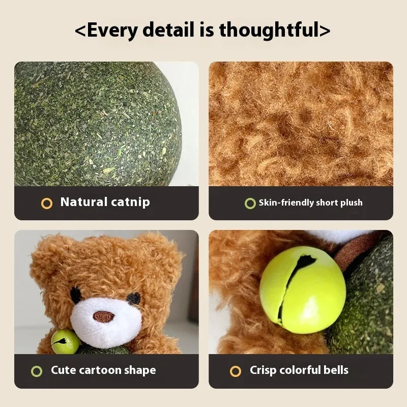 Small plush catnip toy shaped like an animal, featuring a bell, for cats to bite and play with.