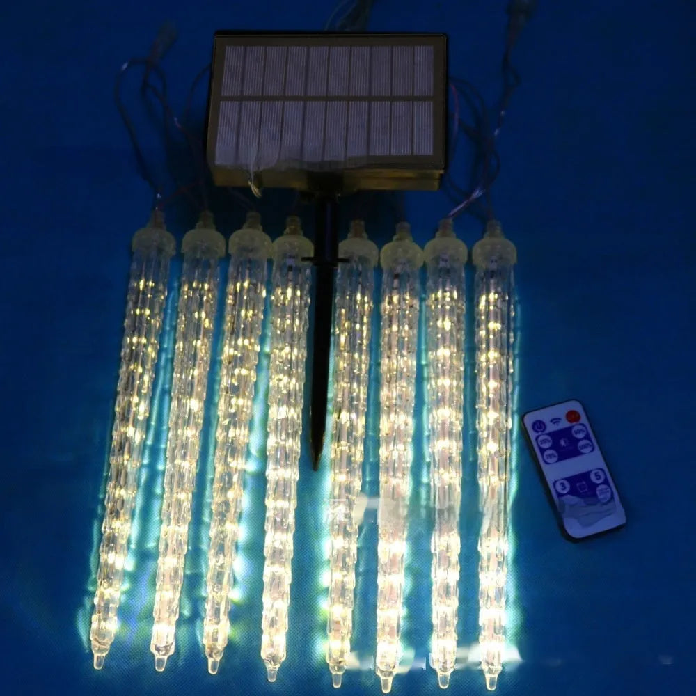 LED ice cone shaped meteor shower solar Christmas ornamental festoon lamp with plastic shell