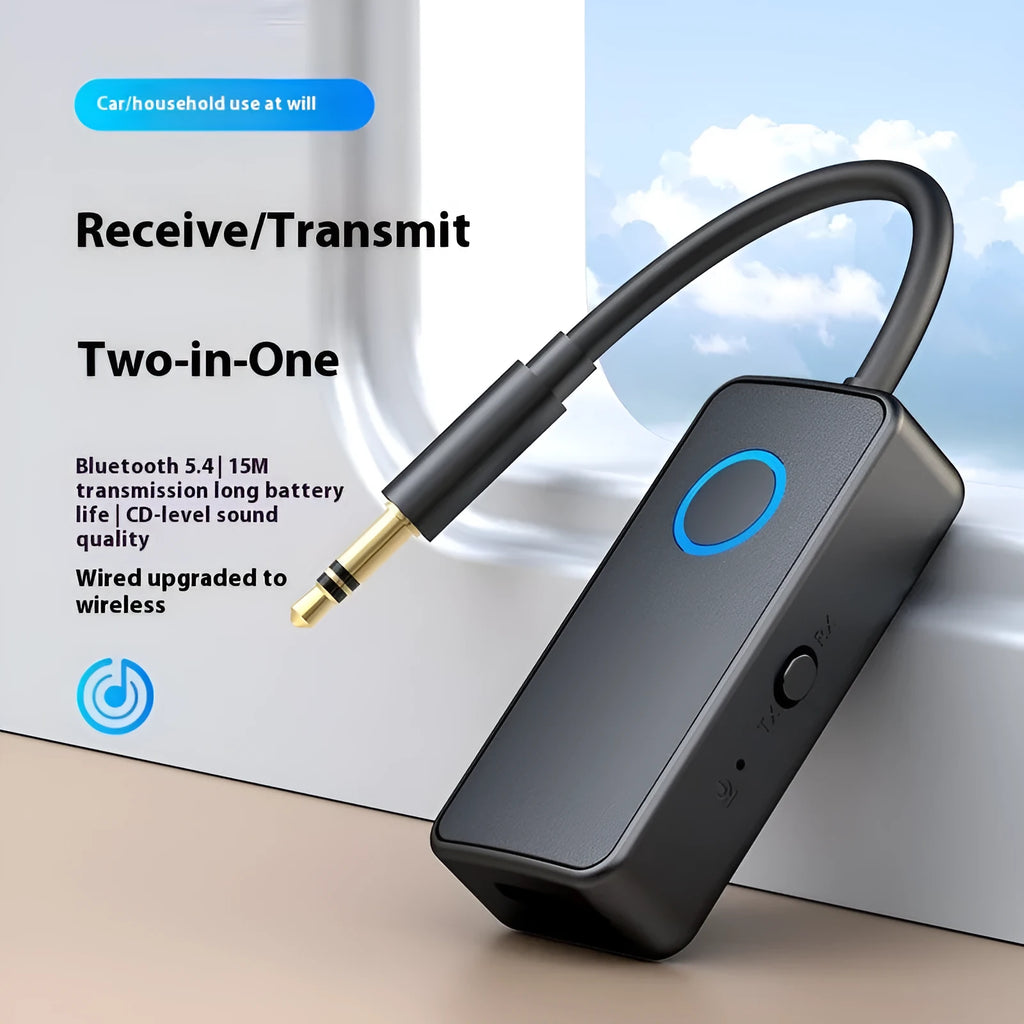 Black Bluetooth 5.4 audio adapter with flexible 3.5mm plug for wireless connectivity.