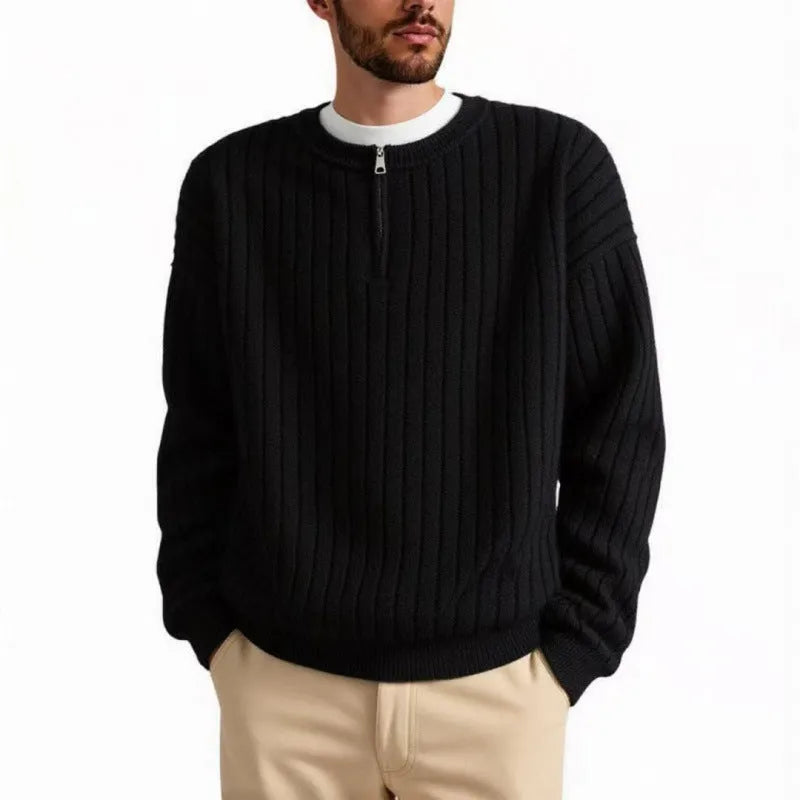 Men's grey half-zip texture knit sweater with loose fit and long sleeves