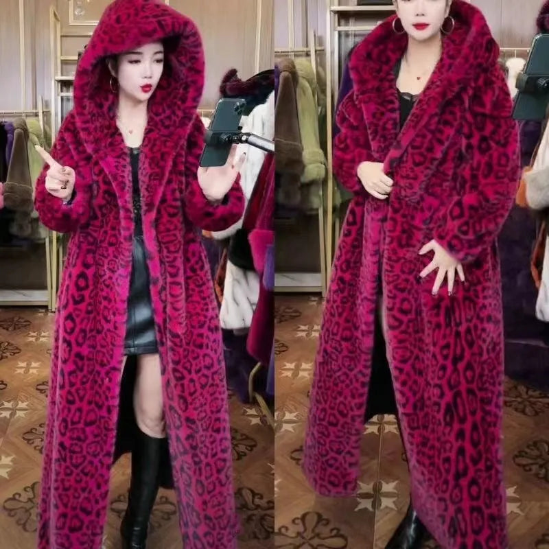 Brown leopard print plus size faux fur coat with extended length and regular sleeves