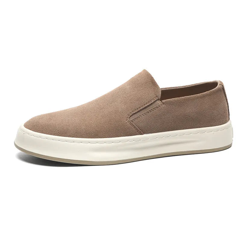Men's grey casual shoes with round toe and sewing line detail on PU upper