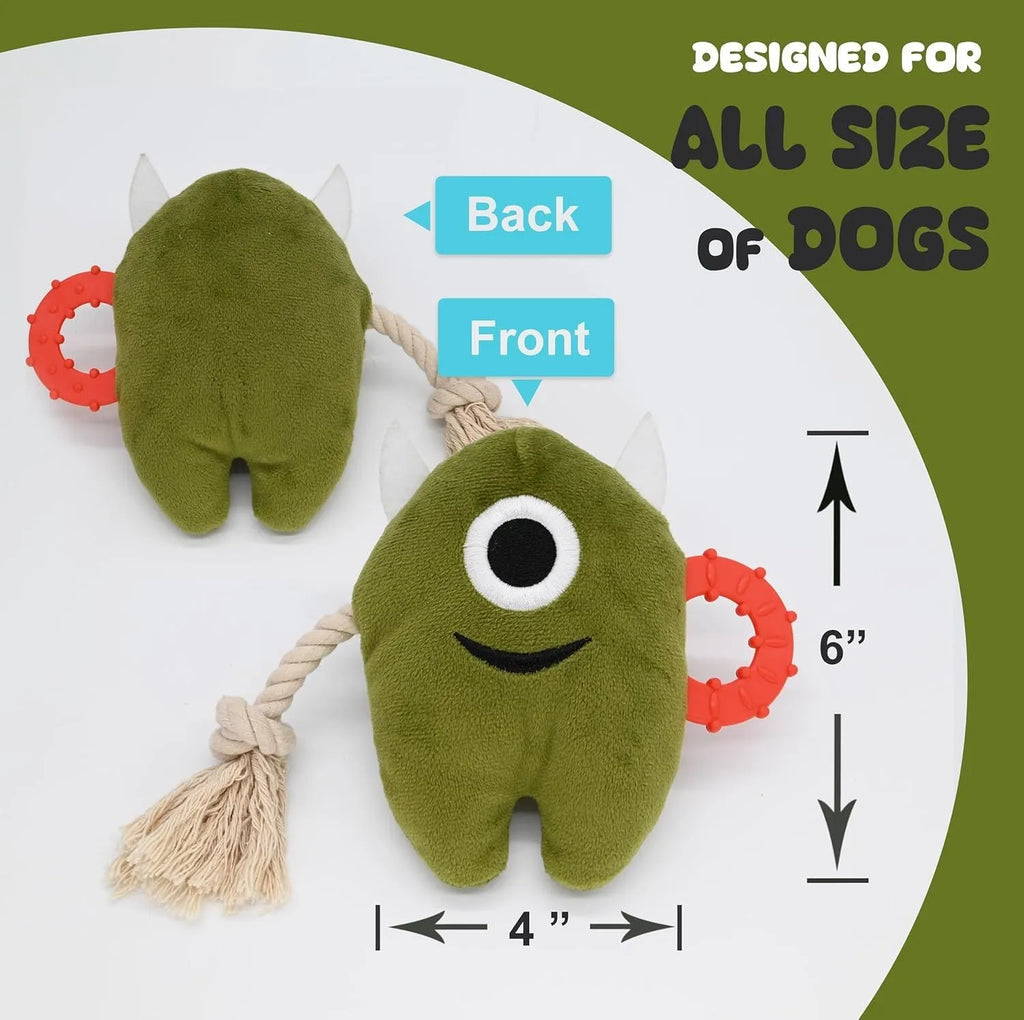 Blue and green plush dog toy with integrated cotton rope and a squeaker for chew and tug play.