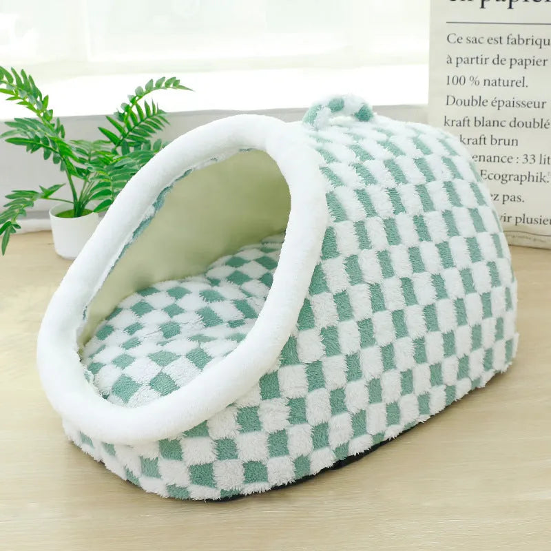 Four Seasons semi-enclosed dog bed in chessboard yellow, cloth material, 42x30x25cm size, for indoor use