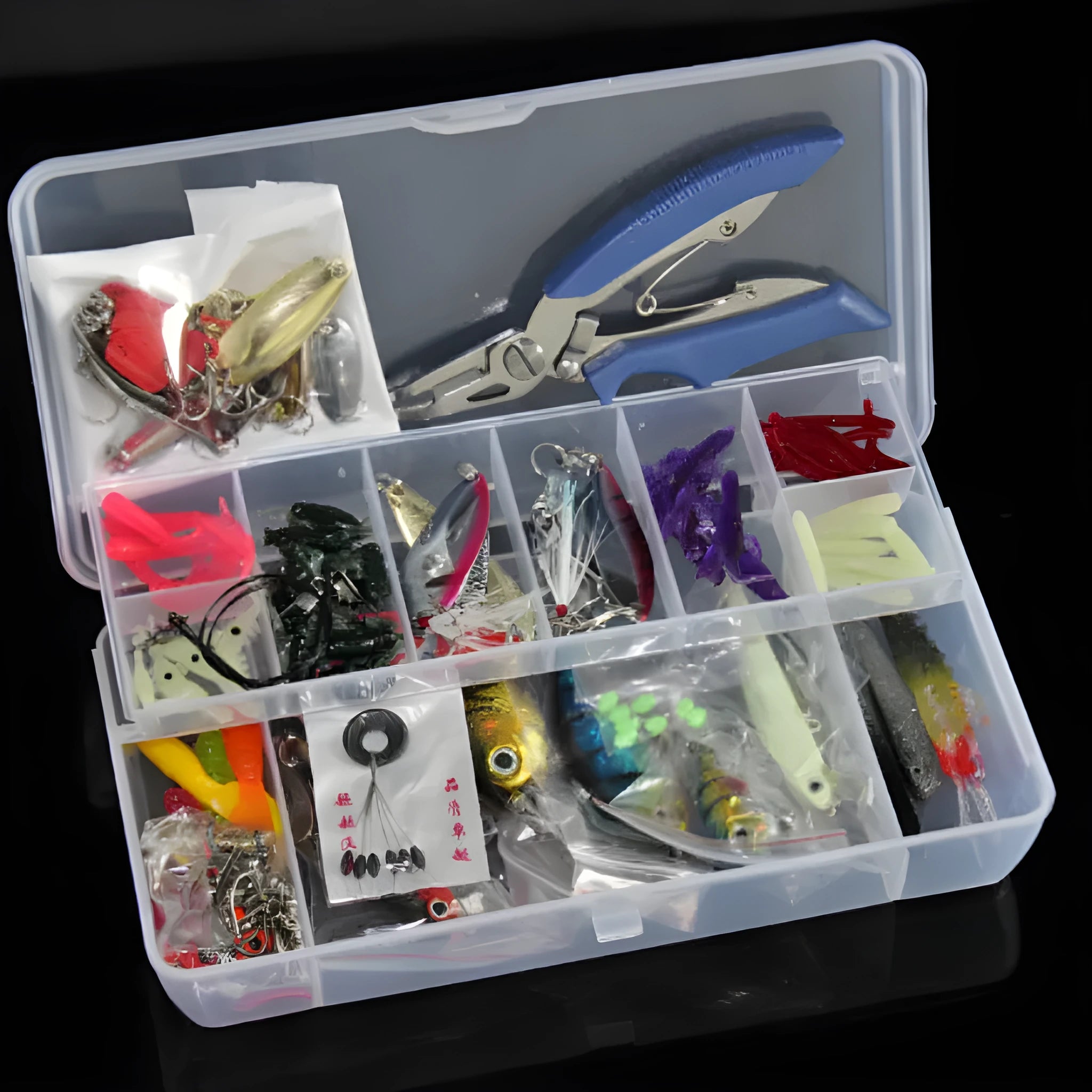 132-piece fishing lure set with full swimming layer lures, soft baits, and hooks in compact case