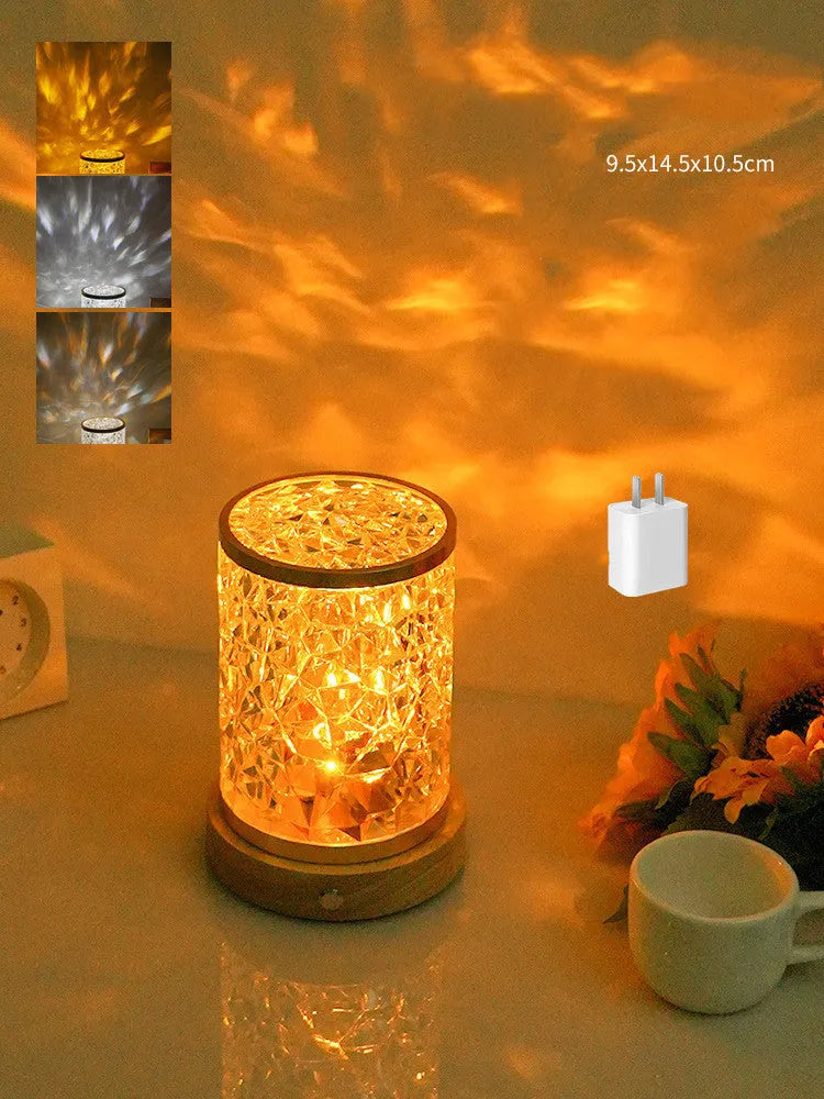 Rotating water ripple night light with acrylic shade on solid wood base, 9.5x14.5x10.5cm