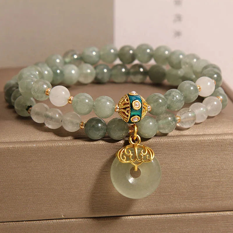 Women's aventurine double-layer jade bracelet with safety buckle closure in emerald green