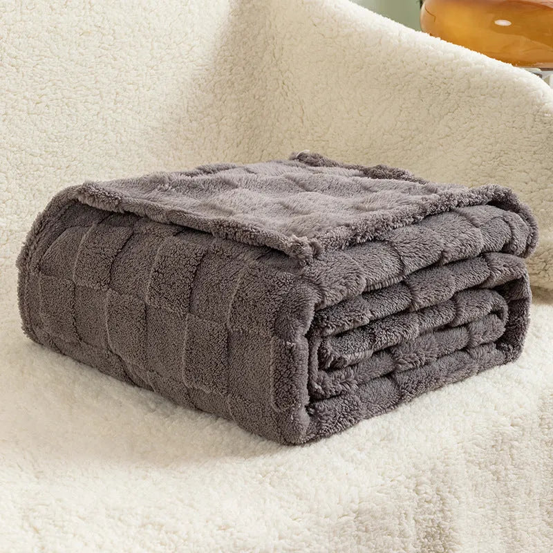 Thickened geometric pattern polyester blanket in cotton velvet texture shown in a milky white colour.