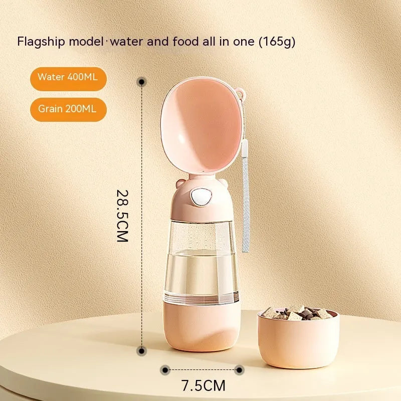 Portable dog water bottle and food container with integrated drinking bowl for pet travel